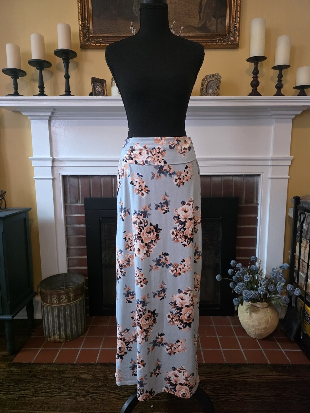 Pale Blue Peach Floral High Waist Maxi Skirt